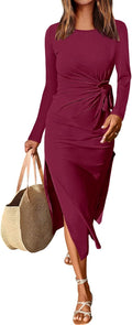 Womens Long Sleeve Maxi Dress Crewneck Tie Waist - Slim Fit
