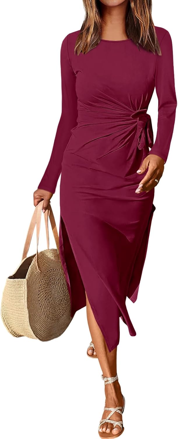 Womens Long Sleeve Maxi Dress with Tie Waist and Slit Design
