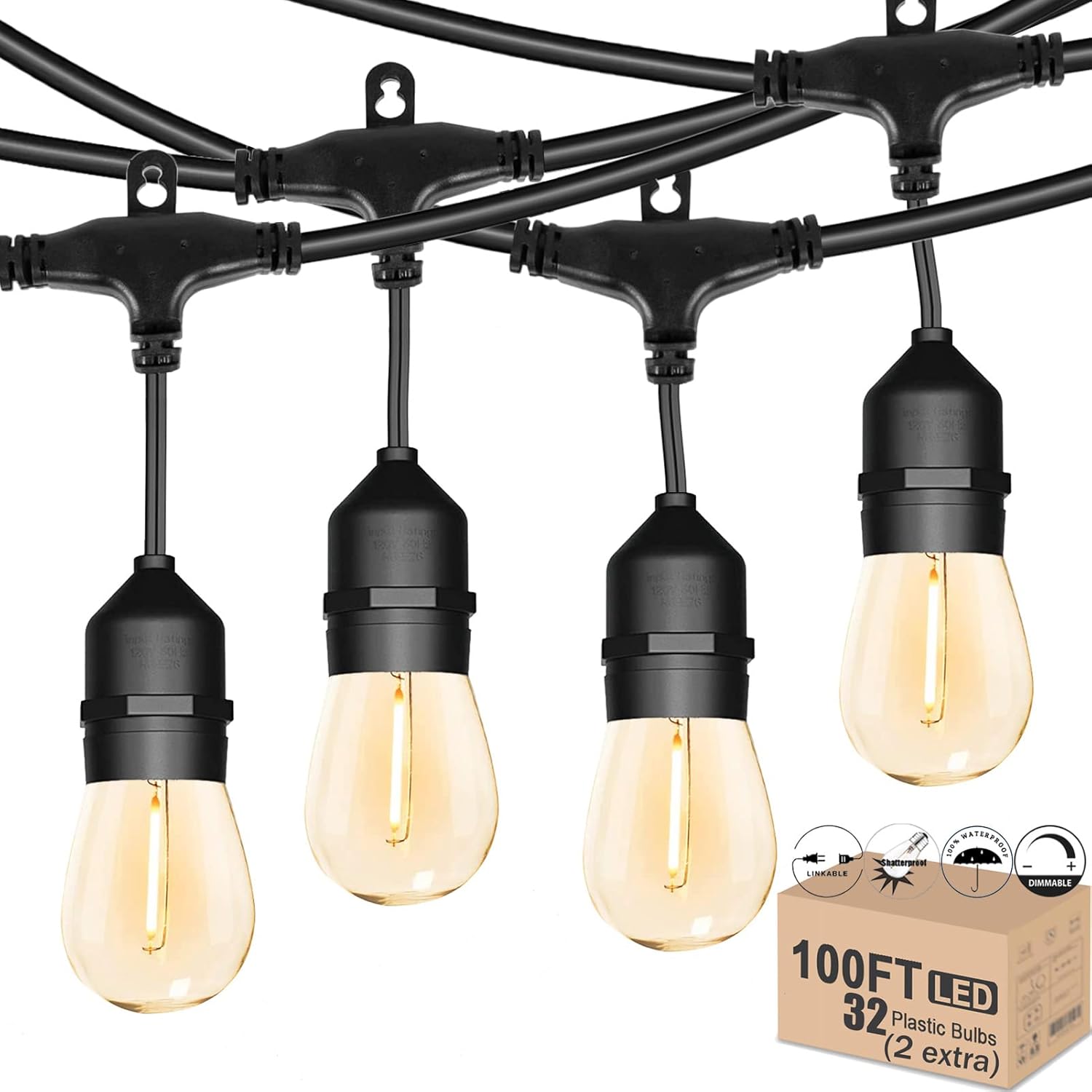 Outdoor Patio String Lights 100FT Waterproof Heavy Duty Design