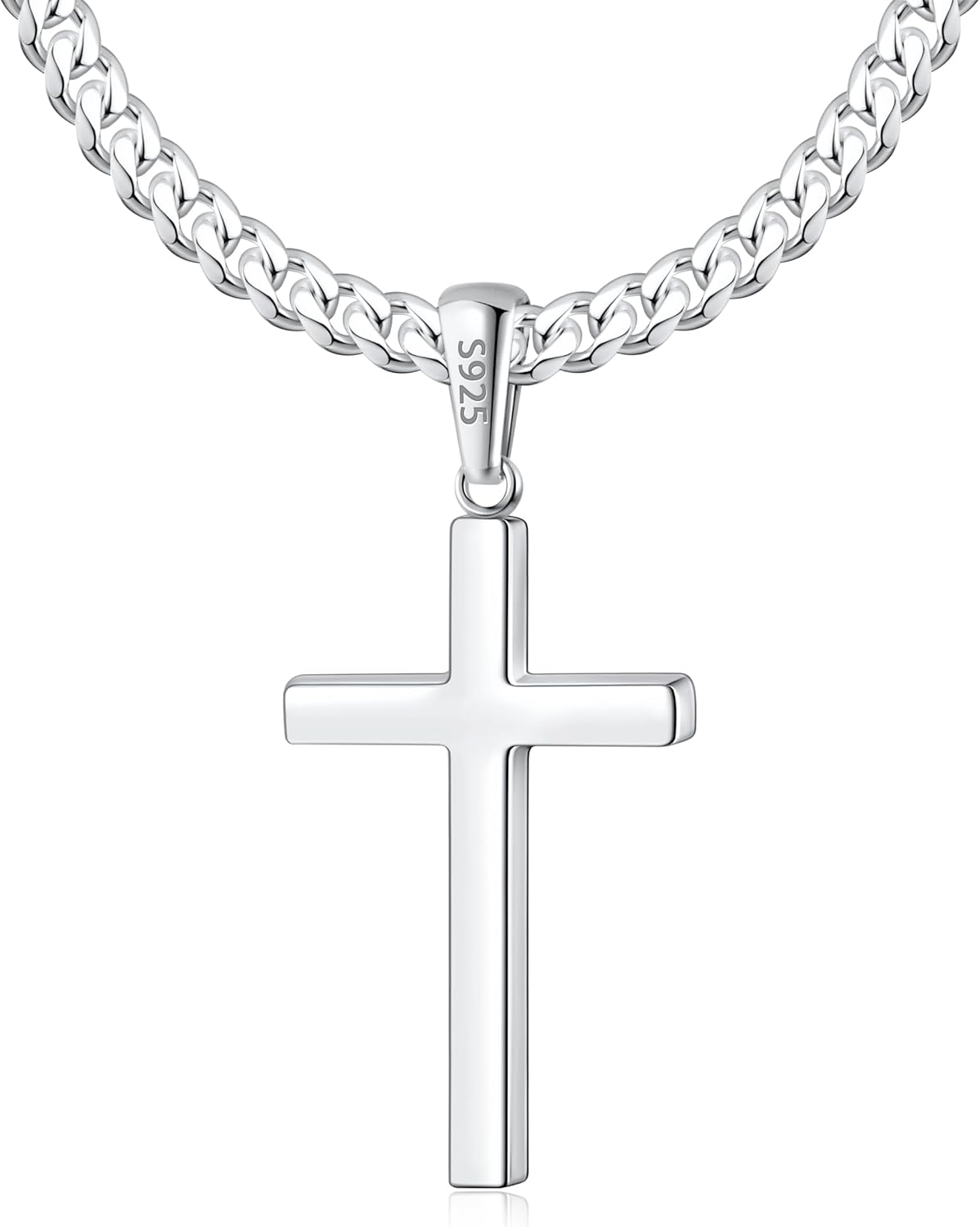 S925 Sterling Silver Cross Necklace for Men with Cuban Chain