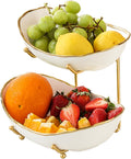2 Tier Ceramic Fruit Bowl Small Countertop Stand - Gold Rim