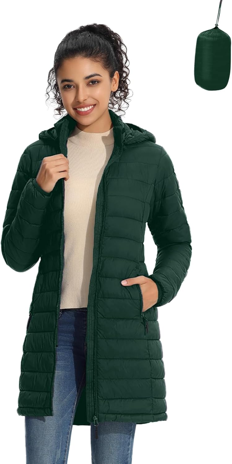 Packable Women Puffer Coat - Lightweight Water-Resistant Jacket