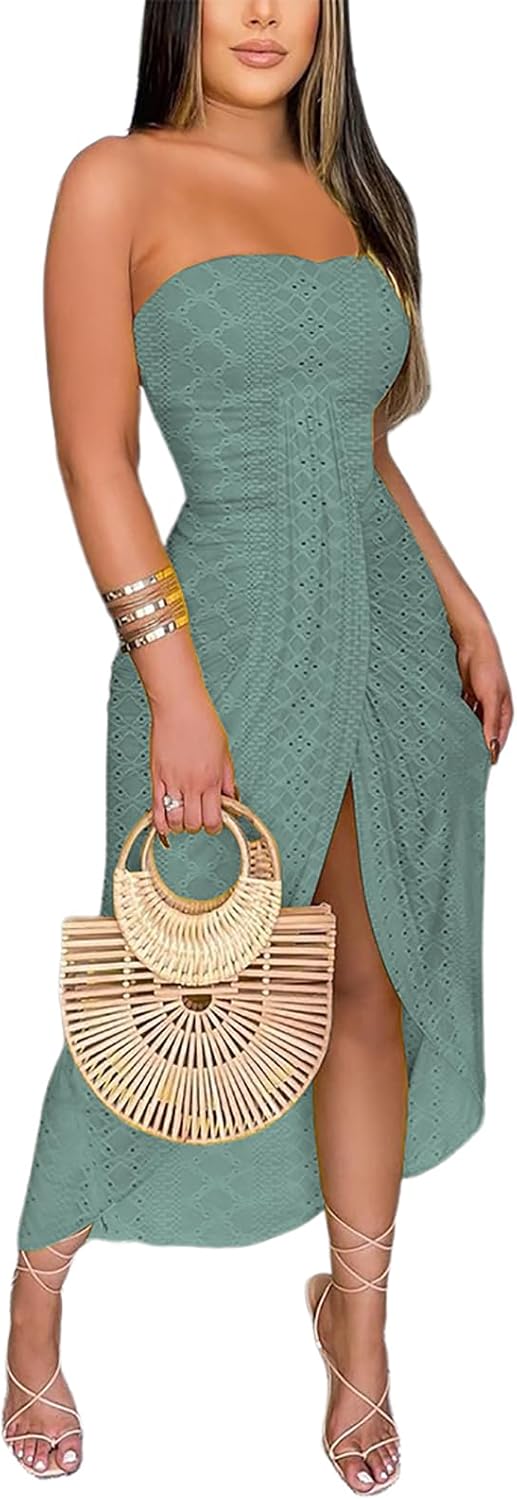 Strapless Maxi Bodycon Dress with Asymmetrical Hemline for Summer