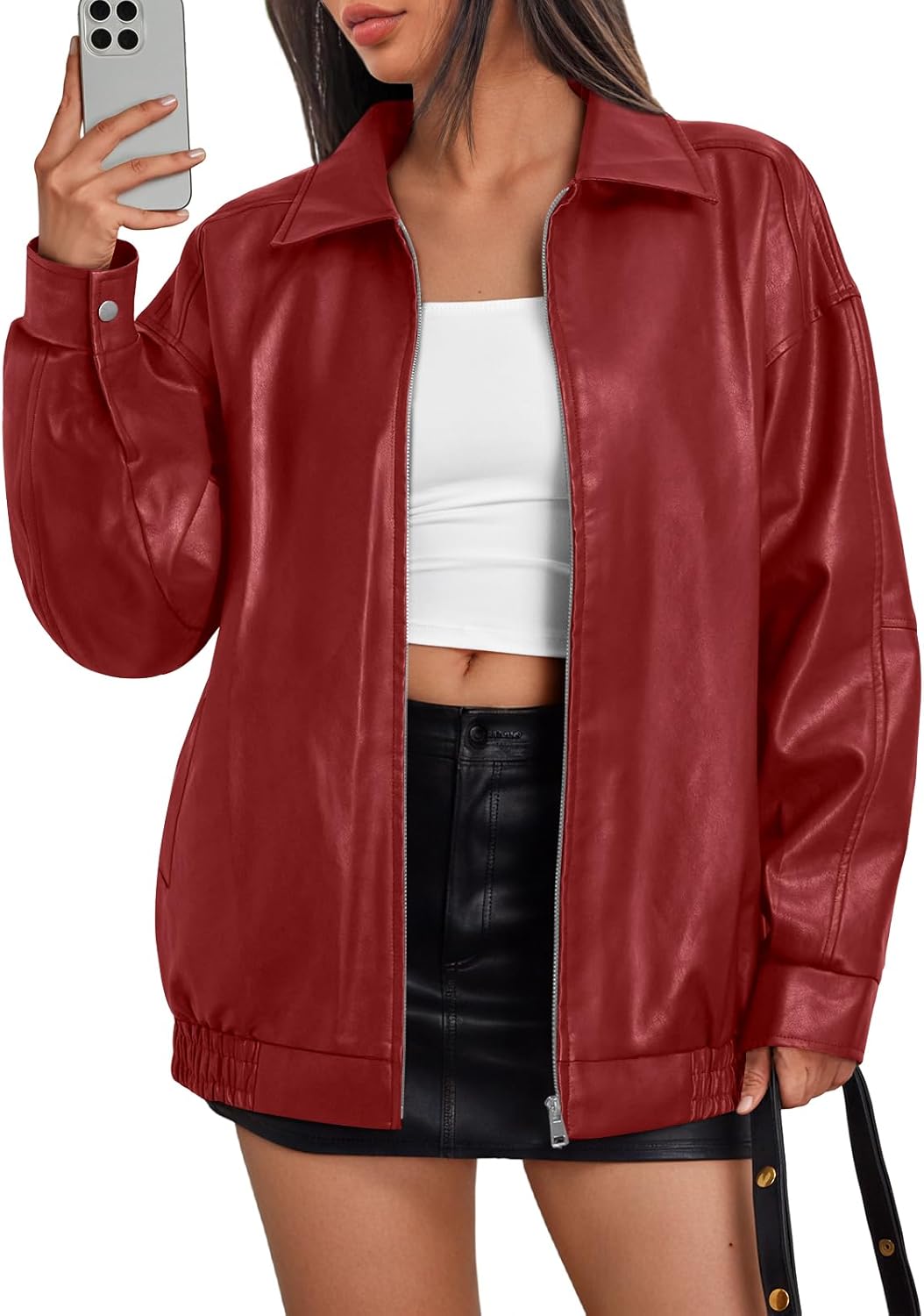 Trendy Queen Womens Leather Jackets Oversized Moto Biker Coat