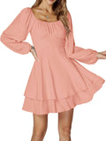LYANER Women's Lantern Long Sleeve Wrap Tie Back Ruffle Mini Dress