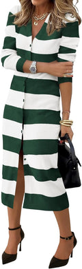 Women's Fall Sweater Dress V Neck Button Ribbed Knit Midi - Cozy