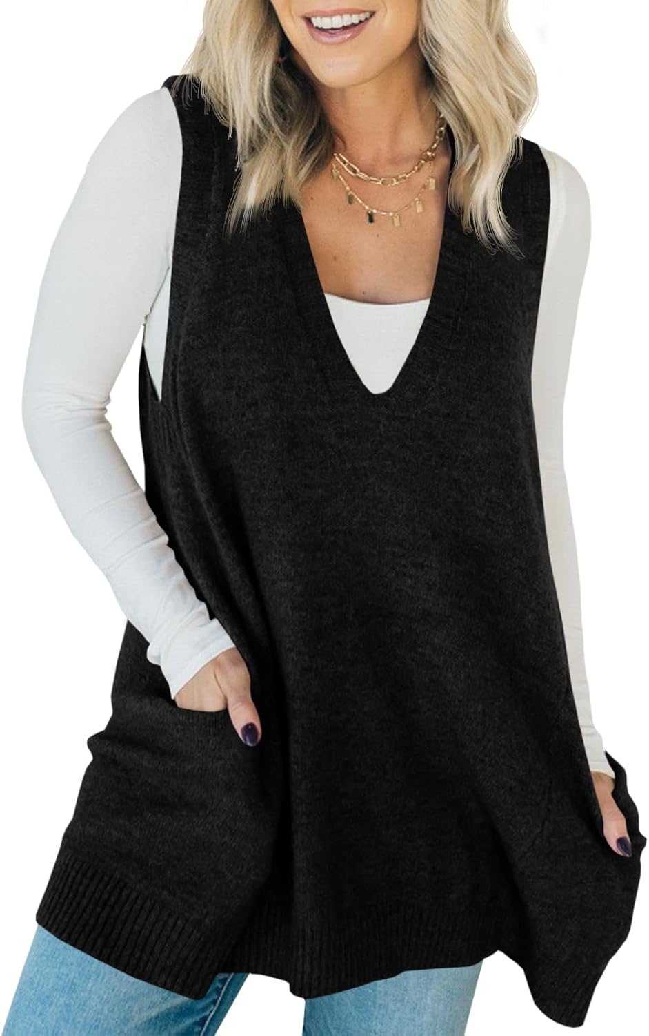 Stylish Womens Sleeveless Sweater Vest with Pockets for Casual Wear