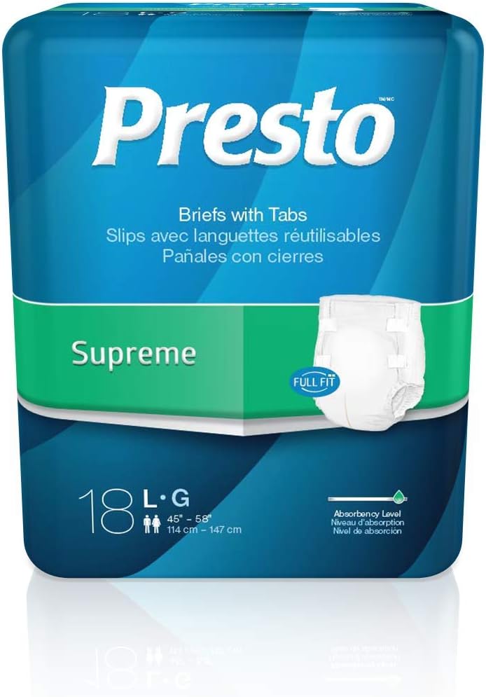 Presto Supreme Full Fit Incontinence Diapers - Large Waist, 72/Case