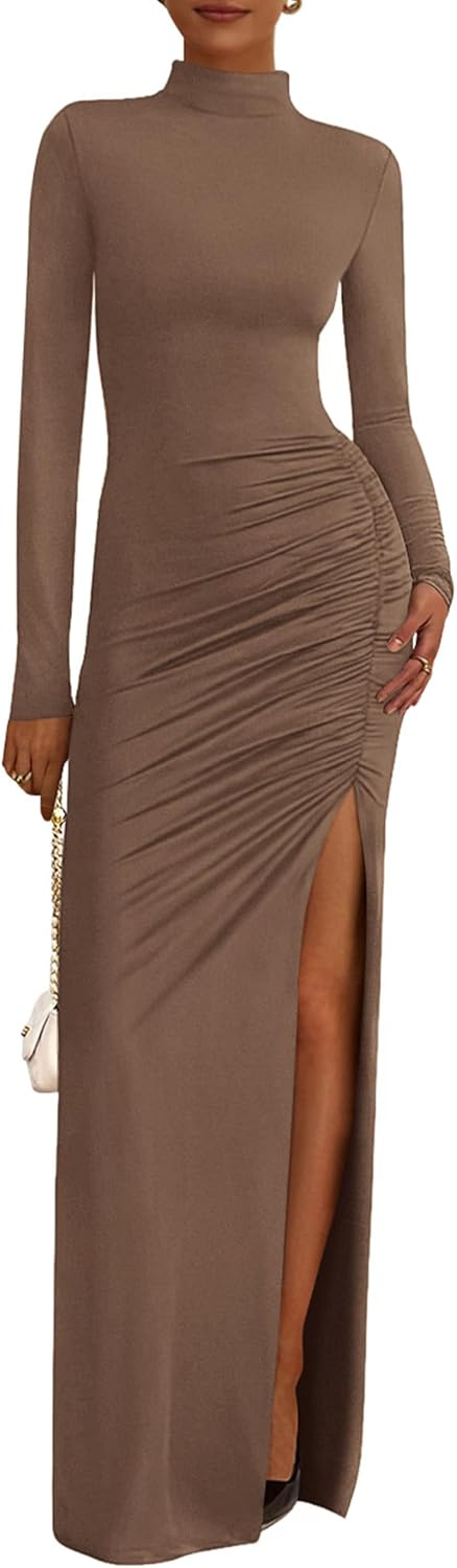 BTFBM Long Sleeve Mock Neck Ruched Bodycon Maxi Dress Review