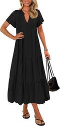 Summer Maxi Dresses for Women - Flowy Tiered V Neck Button Dress