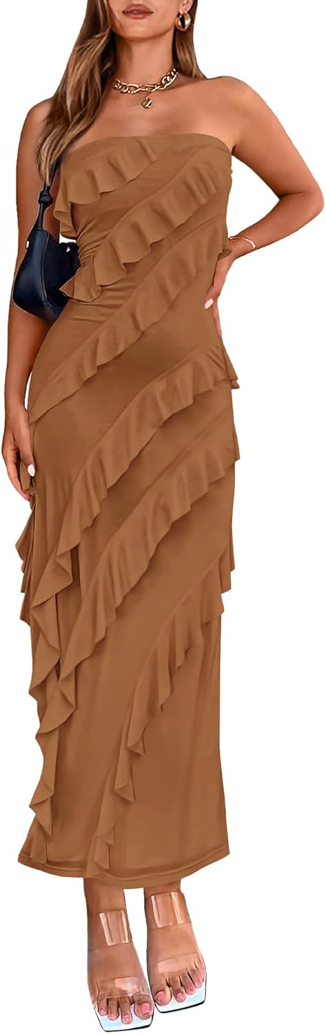 Elegant Strapless Midi Ruched Bodycon Dress for Women