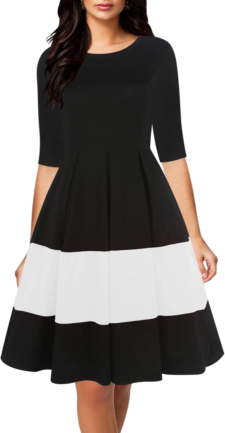 Oxiuly Women's Vintage Half Sleeve O-Neck Casual Swing Dress