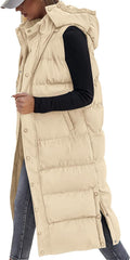 Long Puffer Vest Women Quilted Hooded Button Down Zip Up (Style JHJF)