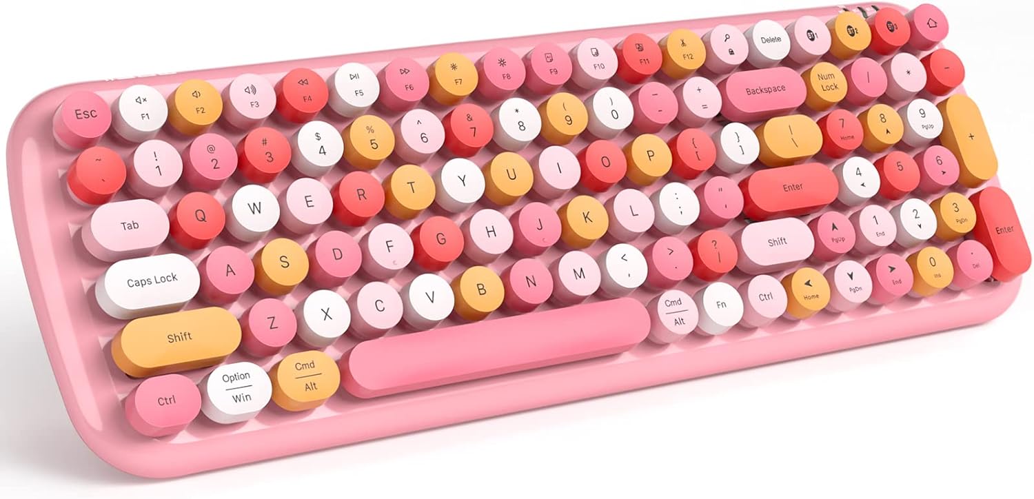 MOFII Wireless Keyboard: 3 Device Connectivity, Retro Round Keycaps, Pink