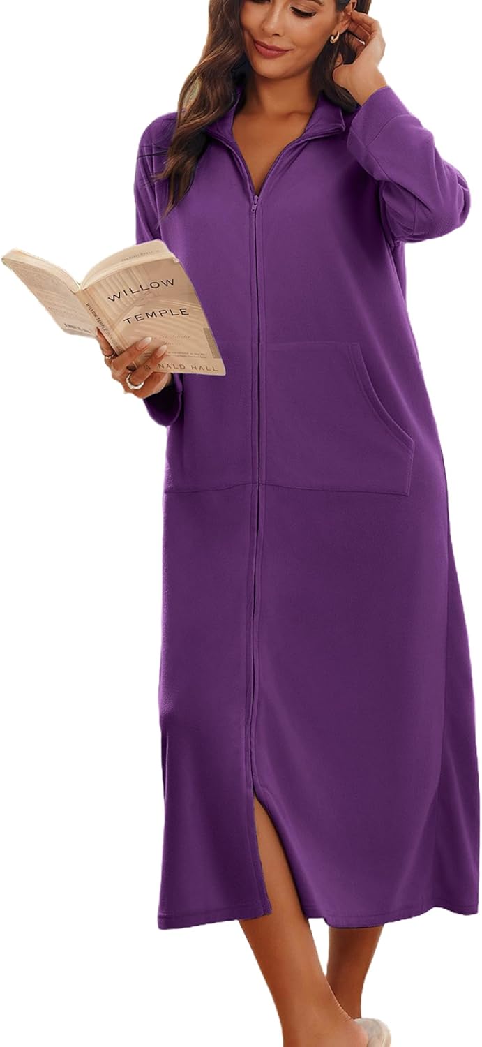Ekouaer Women Zipper Robe Long Sleeves Soft Bathrobe with Pockets