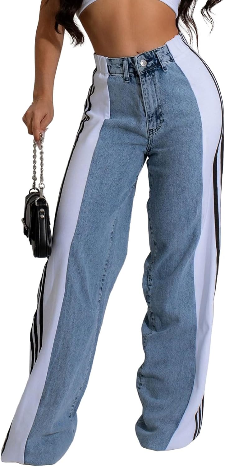 High Waisted Stretchy Denim Color Block Wide Leg Jeans for Women