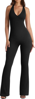 OQQ Halterneck Lace-Trim Flared Jumpsuit - Figure-Flattering Fit Shoes