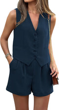 Women Summer 2 Piece Outfits V Neck Button Down Vest Shorts Set