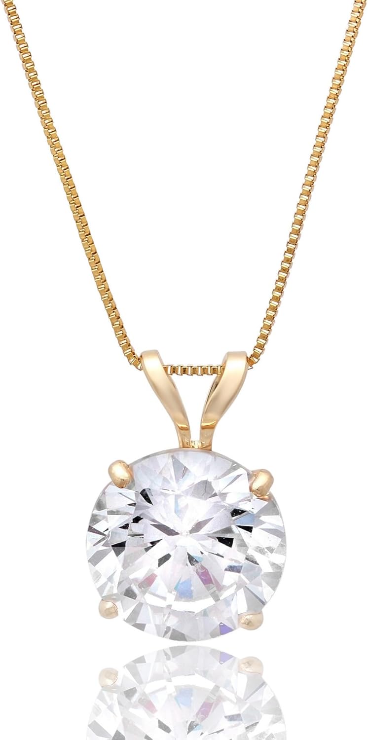 14k Gold 8mm Round Solitaire CZ Pendant Necklace for Women