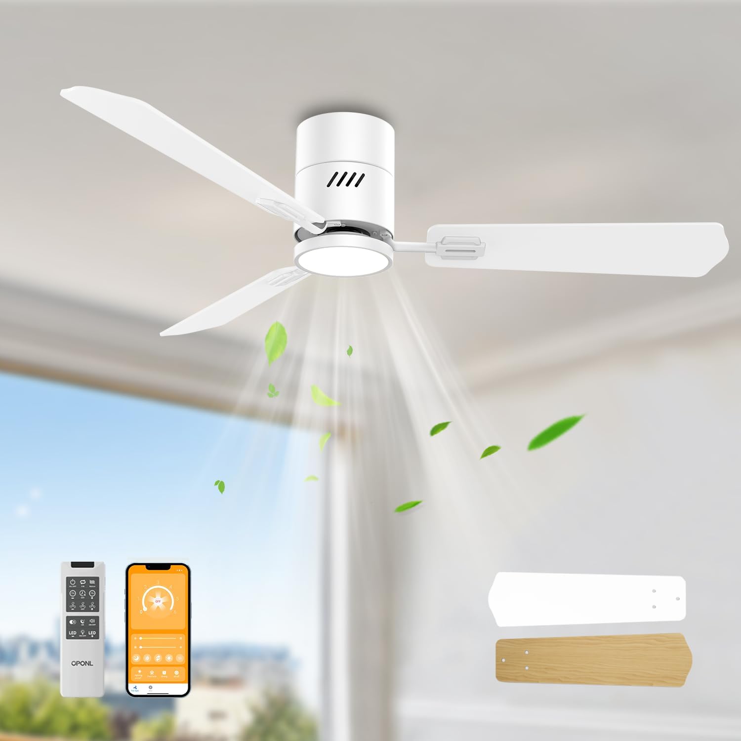 52in White Ceiling Fan with Light, Remote Control, Noiseless