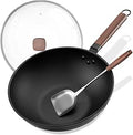 Carbon Steel Wok 13 in with Lid and Spatula - Pre-Seasoned Nonstick