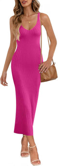 Womens V Neck Ribbed Knit Midi Dress - Sleeveless Bodycon Fit