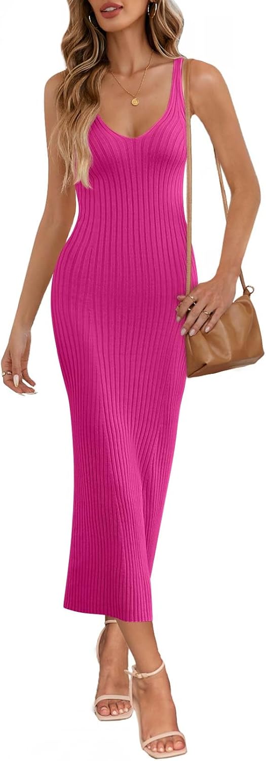 MEROKEETY Womens V Neck Knit Midi Dress for Summer Fun