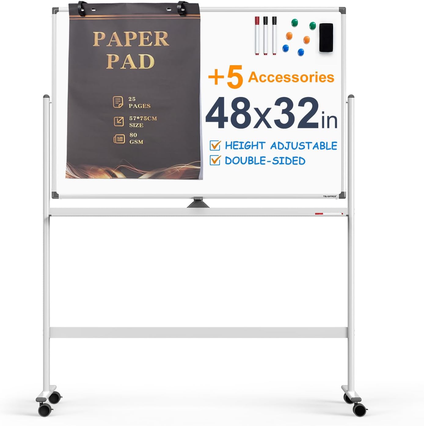 Large Dry-Erase Rolling Magnetic Whiteboard for Office & Home