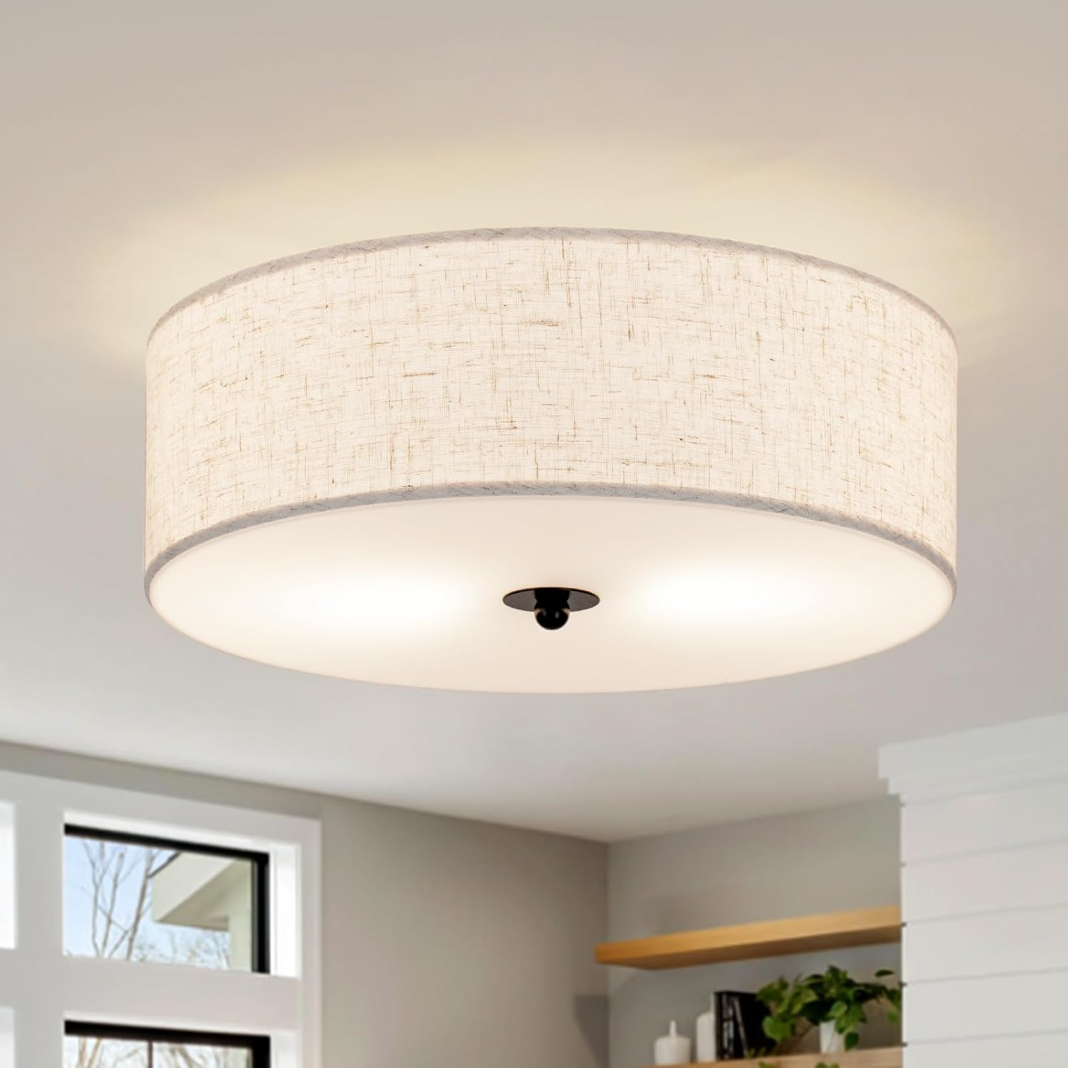 Flush Mount Ceiling Light Fixture with Beige Fabric Shade