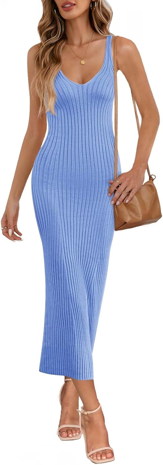 MEROKEETY Womens Summer V Neck Knit Midi Dress for 2025