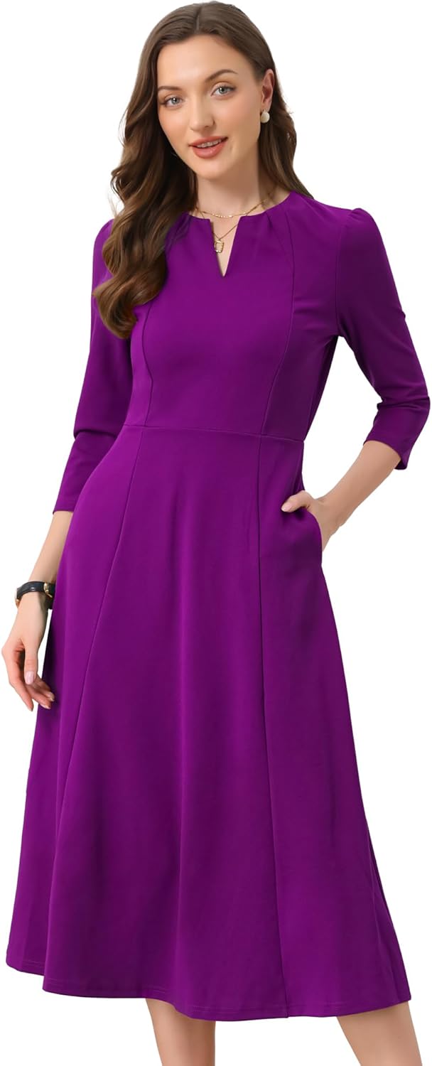 Allegra K Women's Elegant A-Line Midi Dress with Pockets