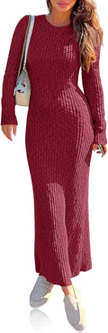 Wenrine Womens Sweater Maxi Dress Slim Fit Ribbed Crew Neck