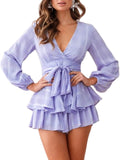 Womens Floral Print Deep V-Neck Romper with Waist Tie - Lightweight