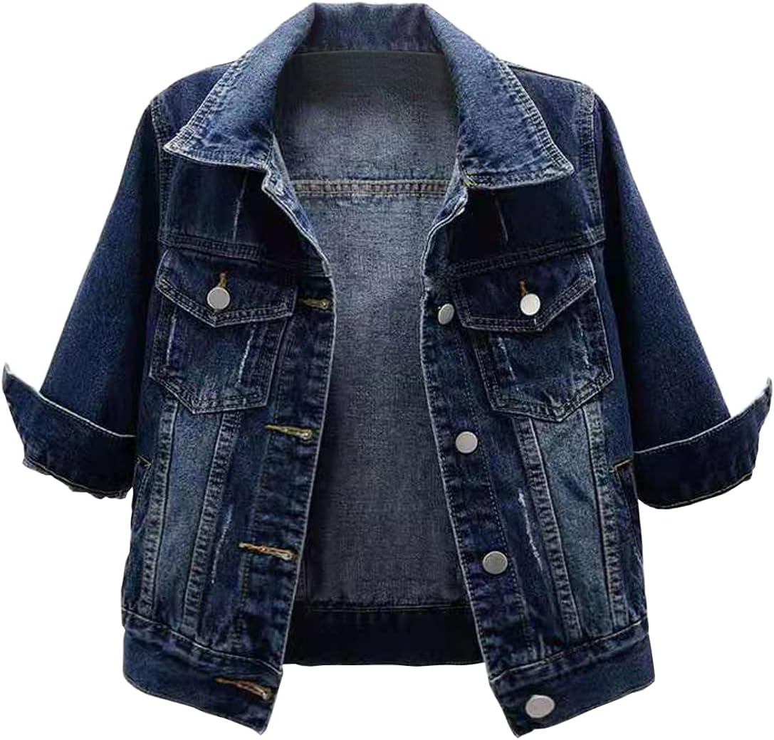 Locachy Womens 3/4 Sleeve Short Denim Jacket for Casual Style