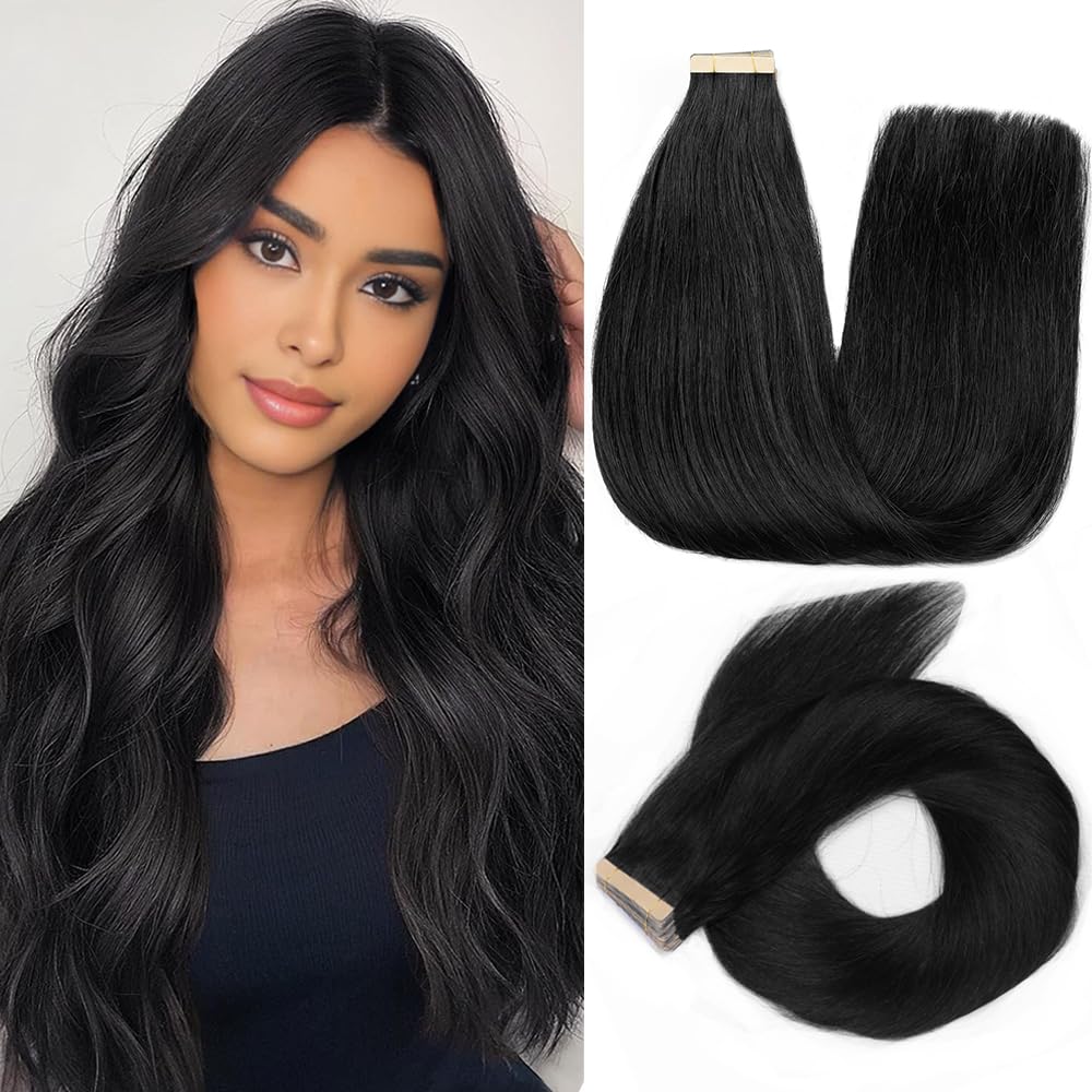 Tape in Hair Extensions Human Hair 18 Inch Jet Black 20pcs