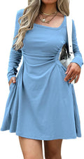 Women's Square Neck Long Sleeve Mini Dress - Slim Ruched Waist Casual