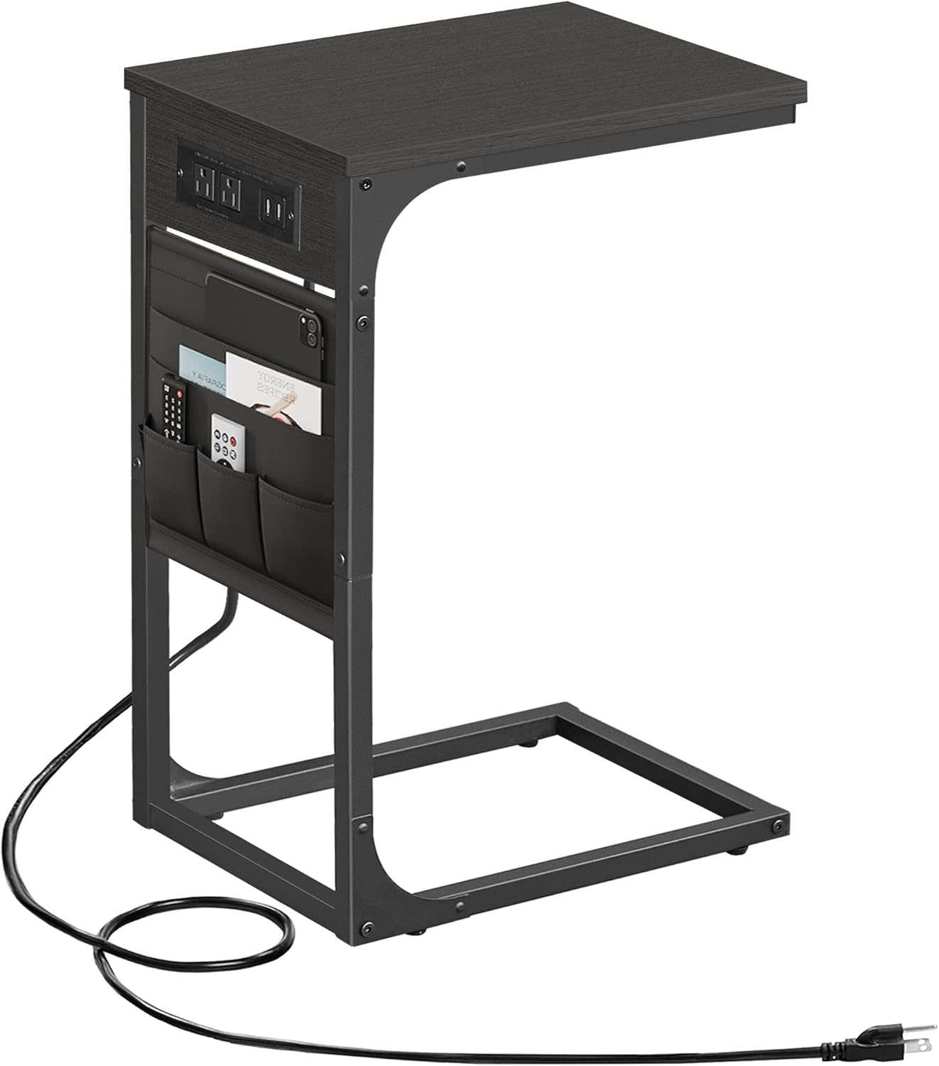 C Shaped End Table with Charging Station for Sofa and Couch