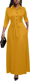 Runwind Women Church Maxi Dress 3/4 Sleeve Button Down (Style K9JY)