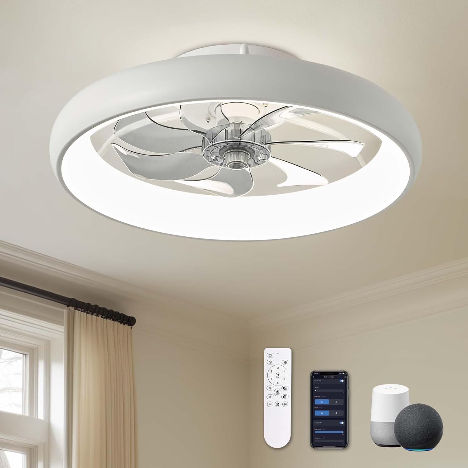 20 in Modern White Flush Mount Ceiling Fan with Lights and Control