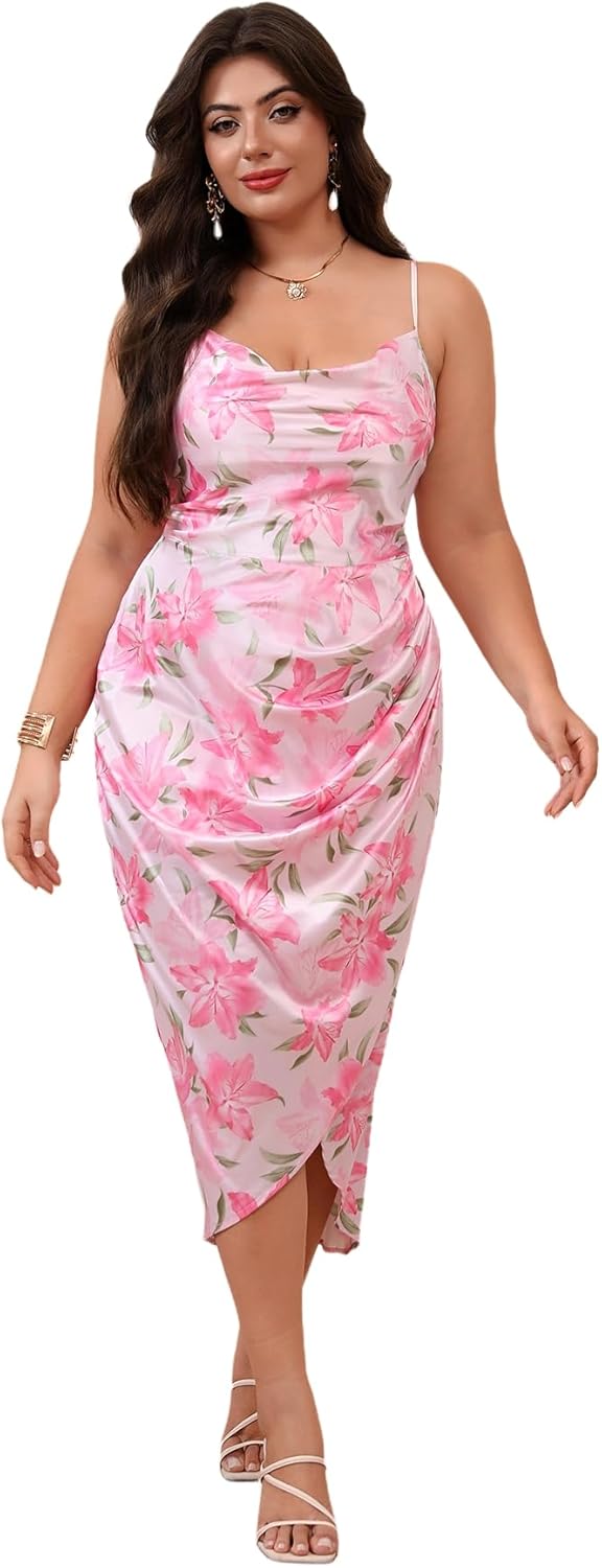 Floerns Women's Plus Size Satin Spaghetti Strap Cowl Neck Dress