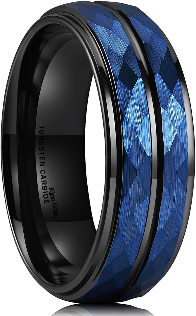 Men's Tungsten Carbide Wedding Ring with Hammered Groove Design