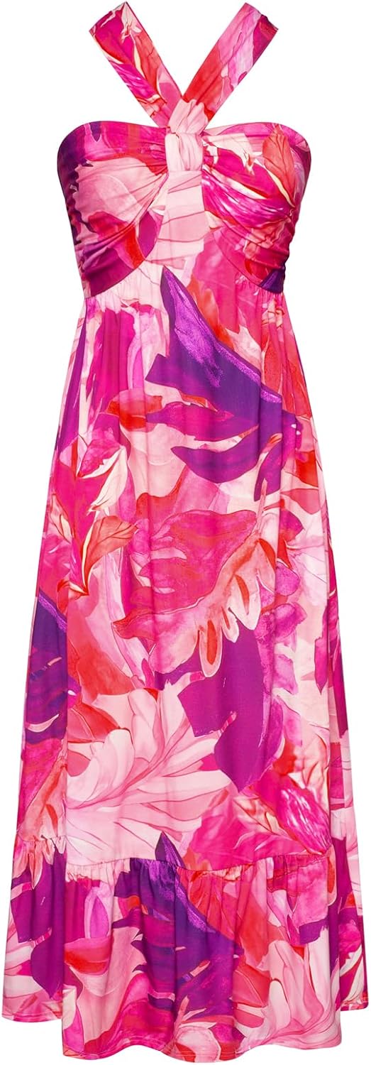 Women's Criss Cross Halterneck Floral Print Maxi Dress for Summer