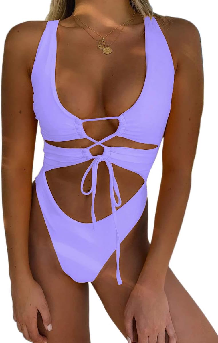 CHYRII Women's Sexy Cutout Lace Up Backless Monokini Swimsuit
