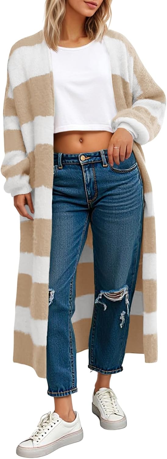 Womens Striped Long Cardigan Sweaters Open Front Cozy Style