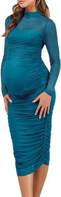 Dedysler Maternity Mesh Bodycon Dress for Wedding Guest - Elegant Blue
