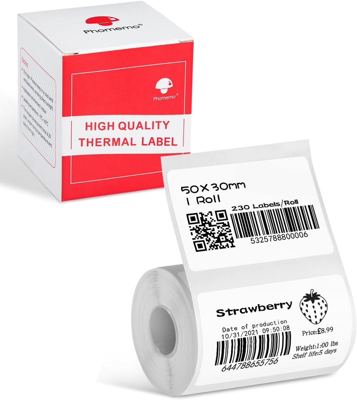 Phomemo Black on White Thermal Labels, 230 Labels/Roll, 1.96 x 1.18, for M120/M110/M220/M221/M150