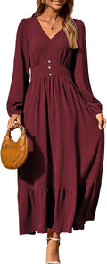 Dokotoo Womens Long Sleeve V Neck Maxi Dress - Flowy Tiered Boho made