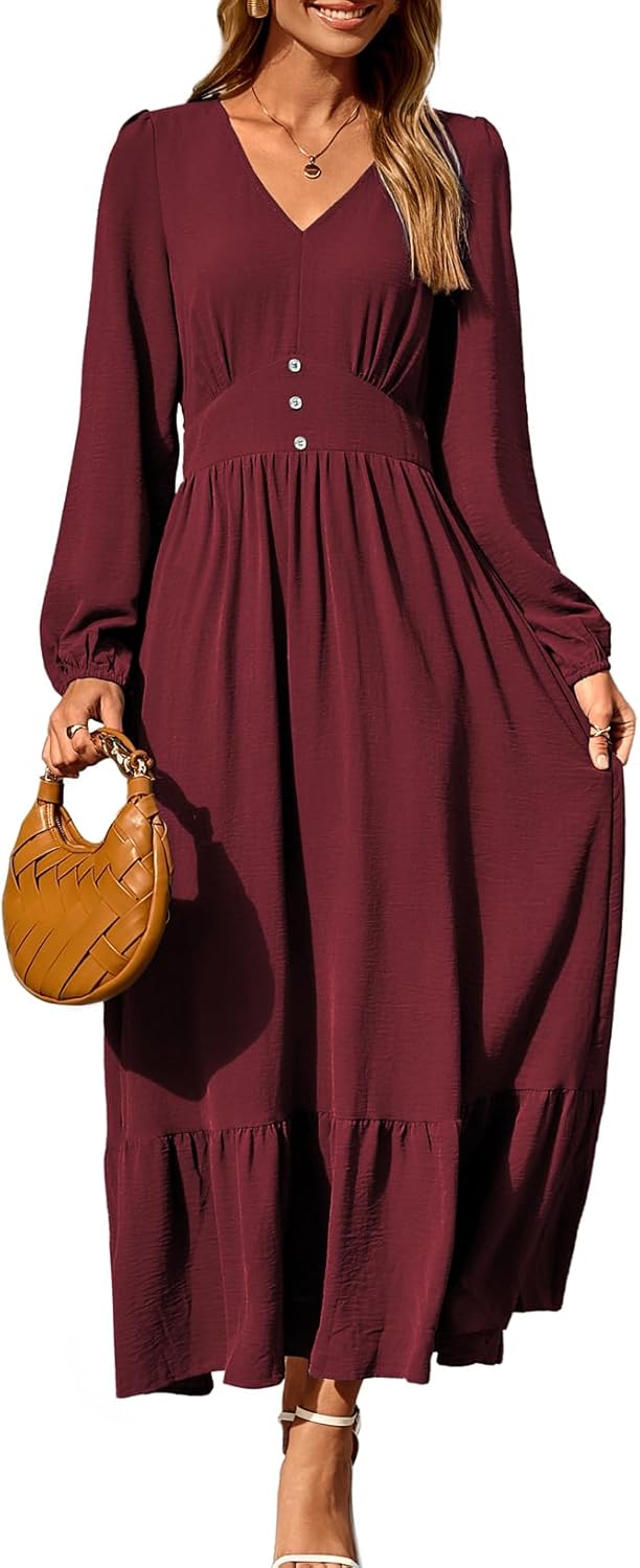 Dokotoo Womens Long Sleeve V Neck Maxi Dress for 2025 Fashion