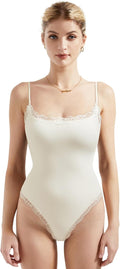 Women Square Neck Lace Bodysuit Sleeveless Spaghetti Strap - Soft Fit
