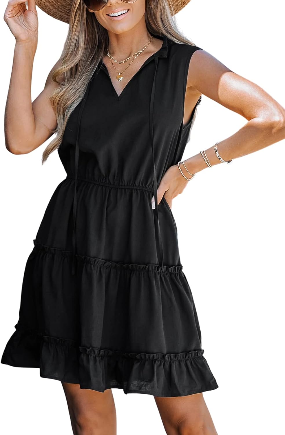 CUPSHE Womens Summer Dresses Tie Neck Sleeveless Ruffle Dress
